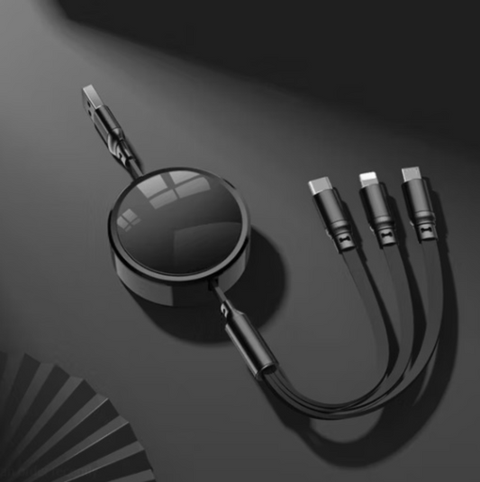 CC000001 - Retractable 100W Fast Charging USB to Lightning | Micro USB | Type C3 | 3-in-1 Cable | 110 cm | Black